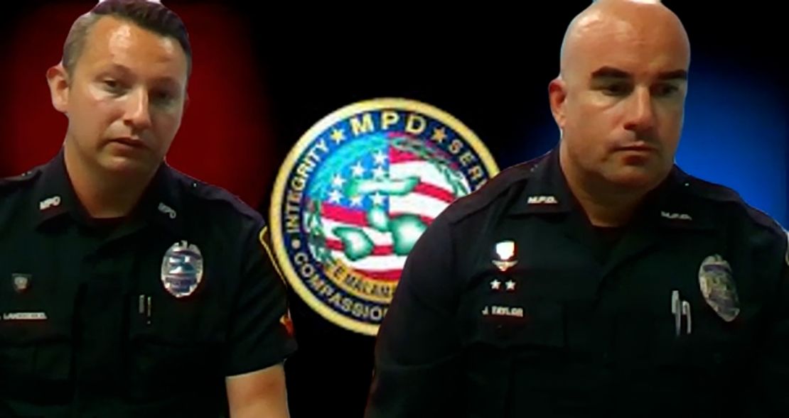 Officers Brad Taylor, right, and Steven Landsiedel speak during an interview using a virtual background.