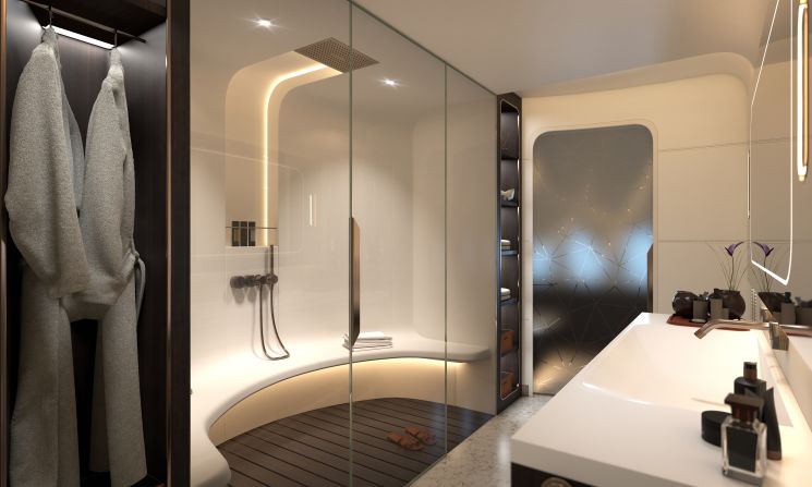 As well as a private bedroom, lounge and meeting areas, the design boasts what Lufthansa Technik describes as the largest rain and massage shower ever built on an aircraft.