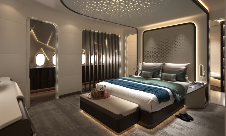 The private bedroom, fitted with a king-size bed. At the Dubai Airshow, potential customers could experience the concept cabin design in virtual reality.