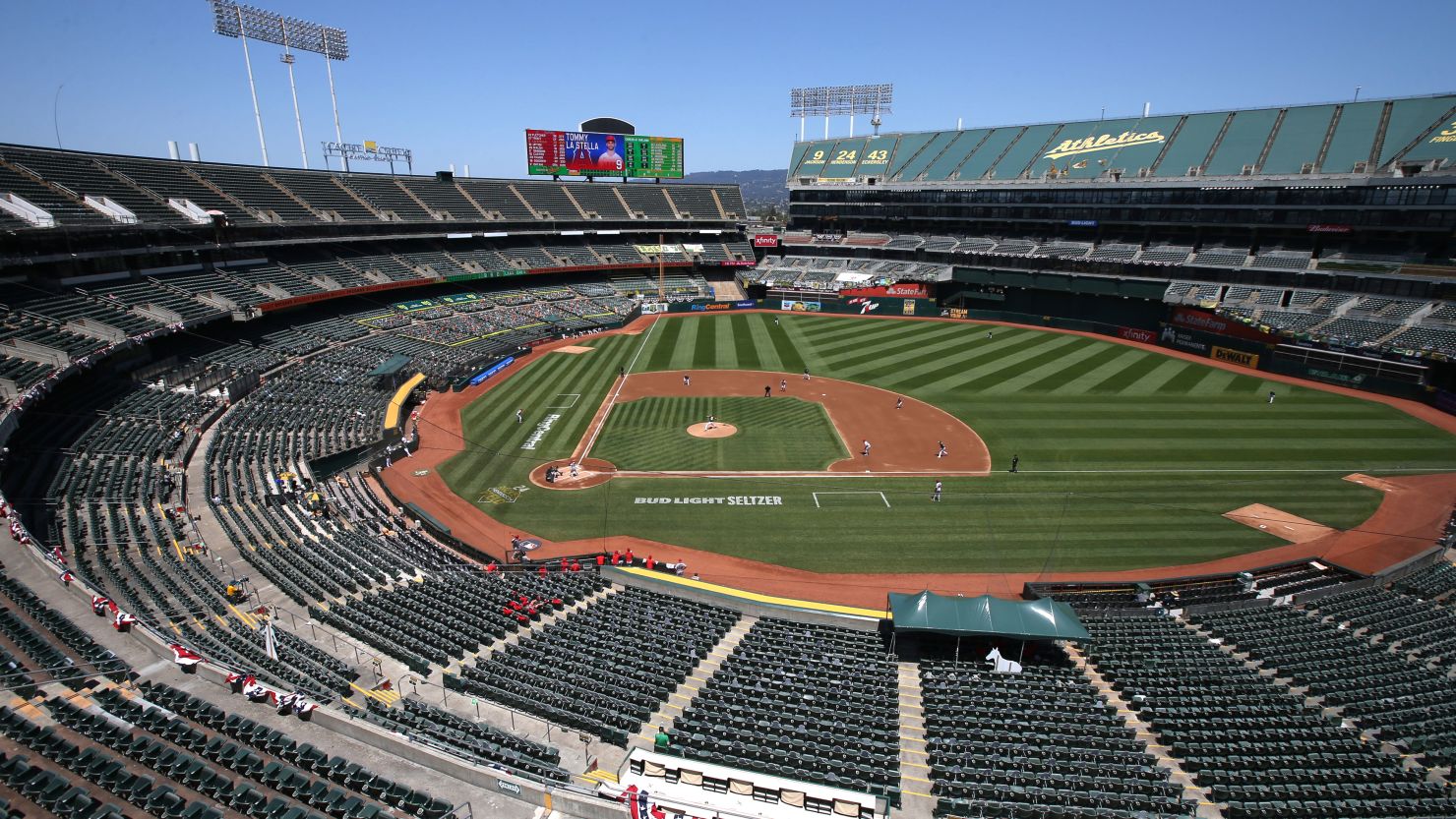 Baseball: Overall aerial view of RingCentral Coliseum during Oakland Athletics vs Los Angeles Angels game.
Oakland, CA 7/26/2020
CREDIT: Brad Mangin (Photo by Brad Mangin /Sports Illustrated via Getty Images)
(Set Number: X163299 TK1 )