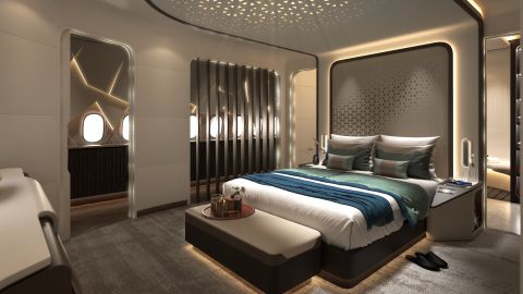 The private bedroom, fitted with a king-size bed. At the Dubai Air Show, potential customers could experience the concept cabin design in virtual reality.