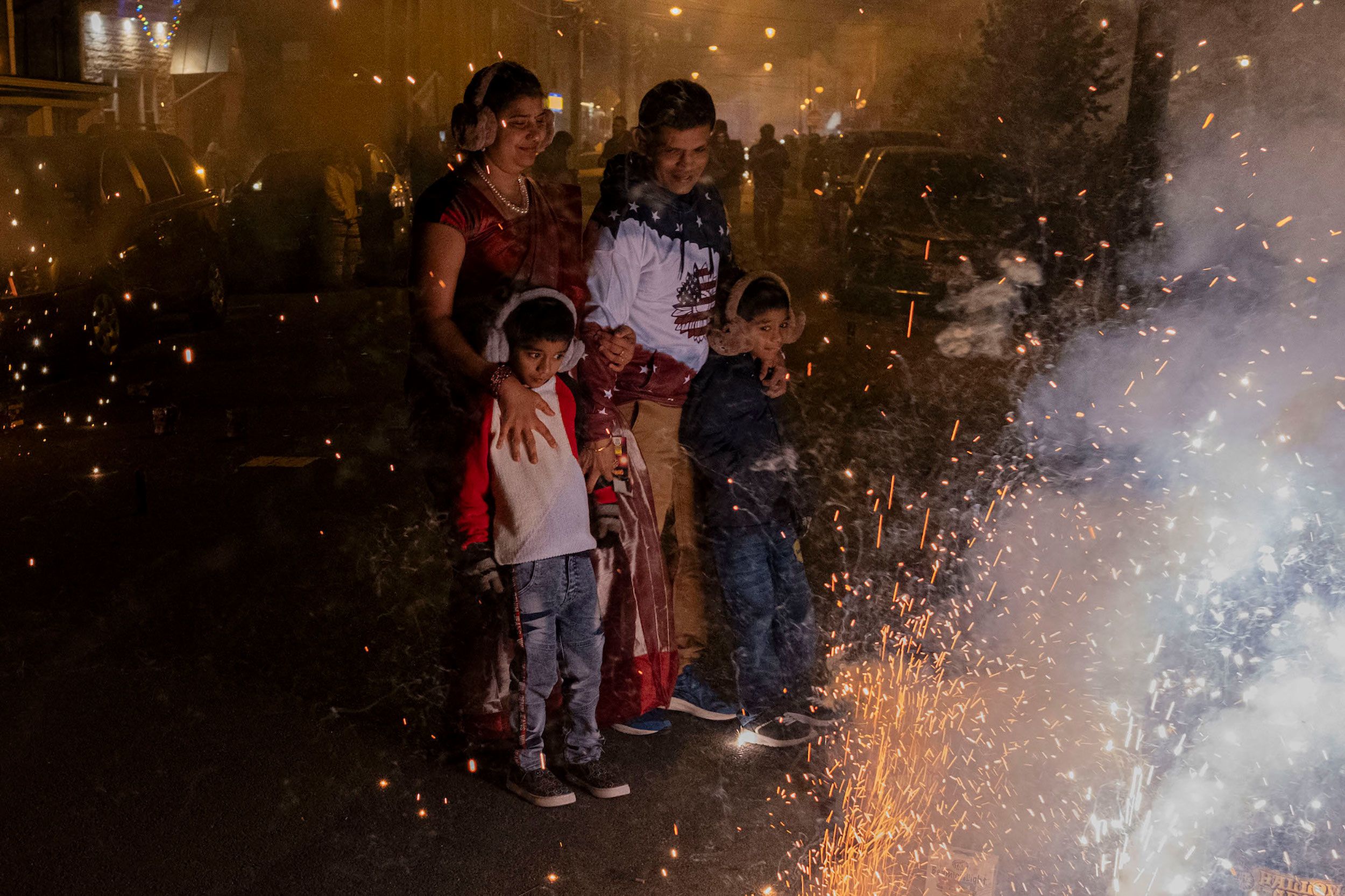 A family celebrates Diwali in Jersey City, New Jersey, on Sunday, November 12.