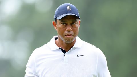 AUGUSTA, GEORGIA - APRIL 06: Tiger Woods of the United States reacts on the eighth green during the first round of the 2023 Masters Tournament at Augusta National Golf Club on April 06, 2023 in Augusta, Georgia. (Photo by Andrew Redington/Getty Images)