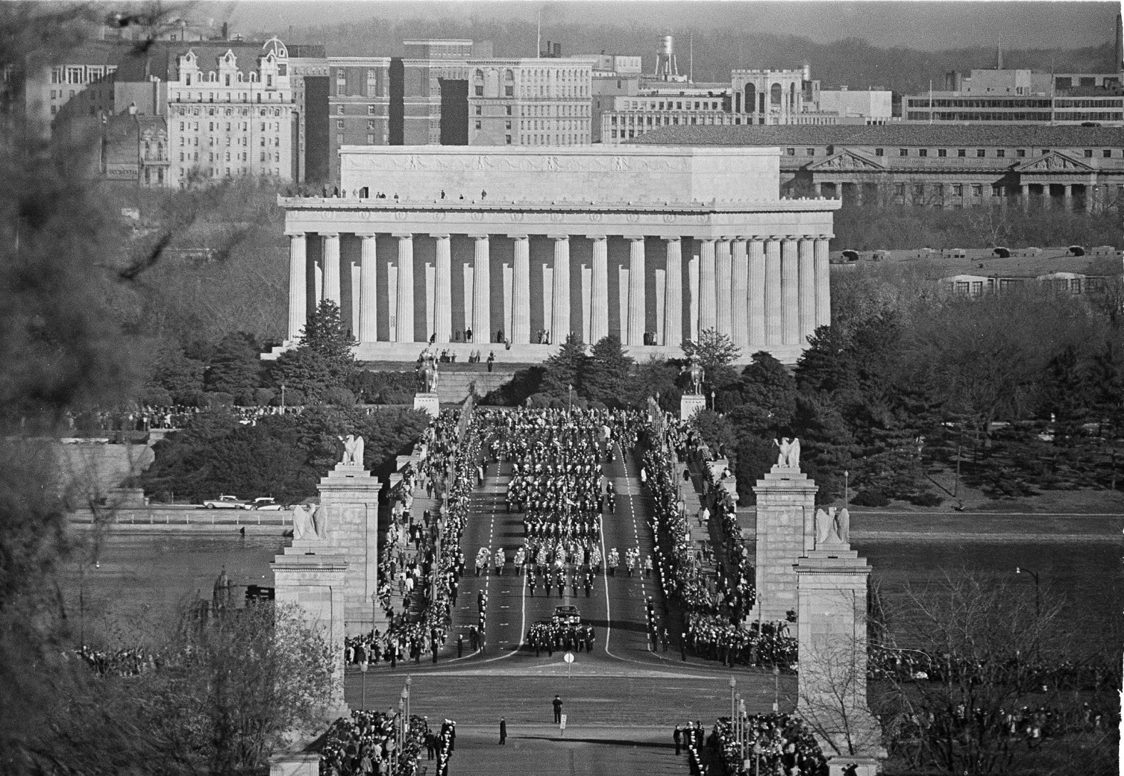Kennedy's funeral procession crosses the bridge leading to Arlington National Cemetery in Arlington, Virginia.