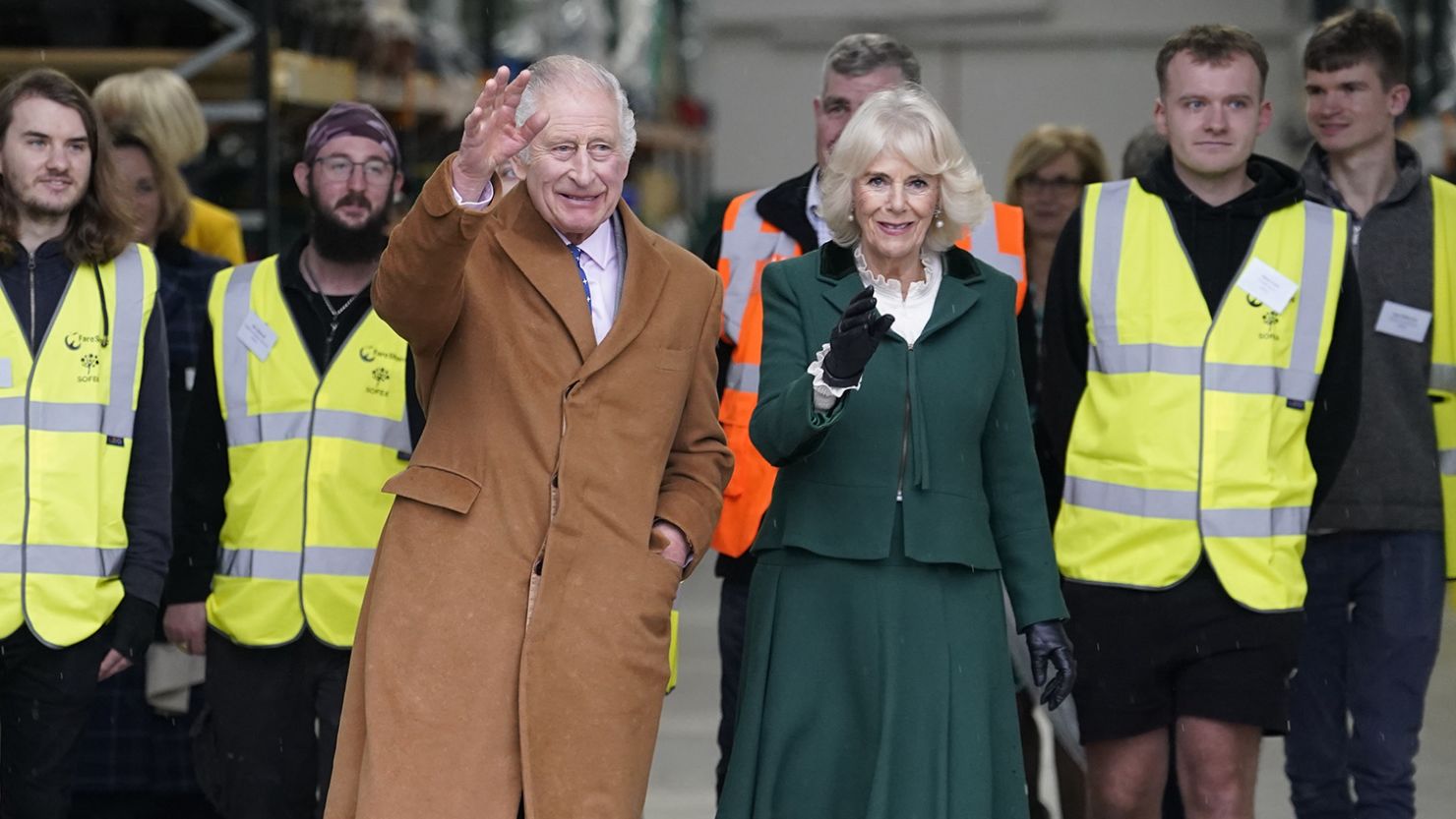King Charles III and Queen Camilla arrive to mark the King's 75th birthday at the official launch of The Coronation Food Project, which aims to bridge the gap between food waste and food need across all four nations of the United Kingdom, at the South Oxfordshire Food and Education Alliance (SOFEA) surplus food distribution centre, in Didcot, Oxfordshire. Picture date: Tuesday November 14, 2023. (Photo by Andrew Matthews/PA Images via Getty Images)
