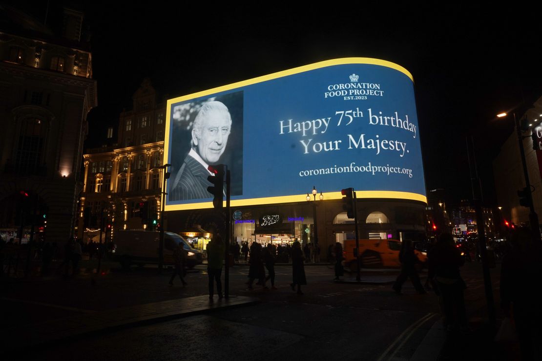 A message is displayed on the Piccadilly Lights in London, to mark the 75th birthday of King Charles III. Picture date: Tuesday November 14, 2023. (Photo by Victoria Jones/PA Images via Getty Images)