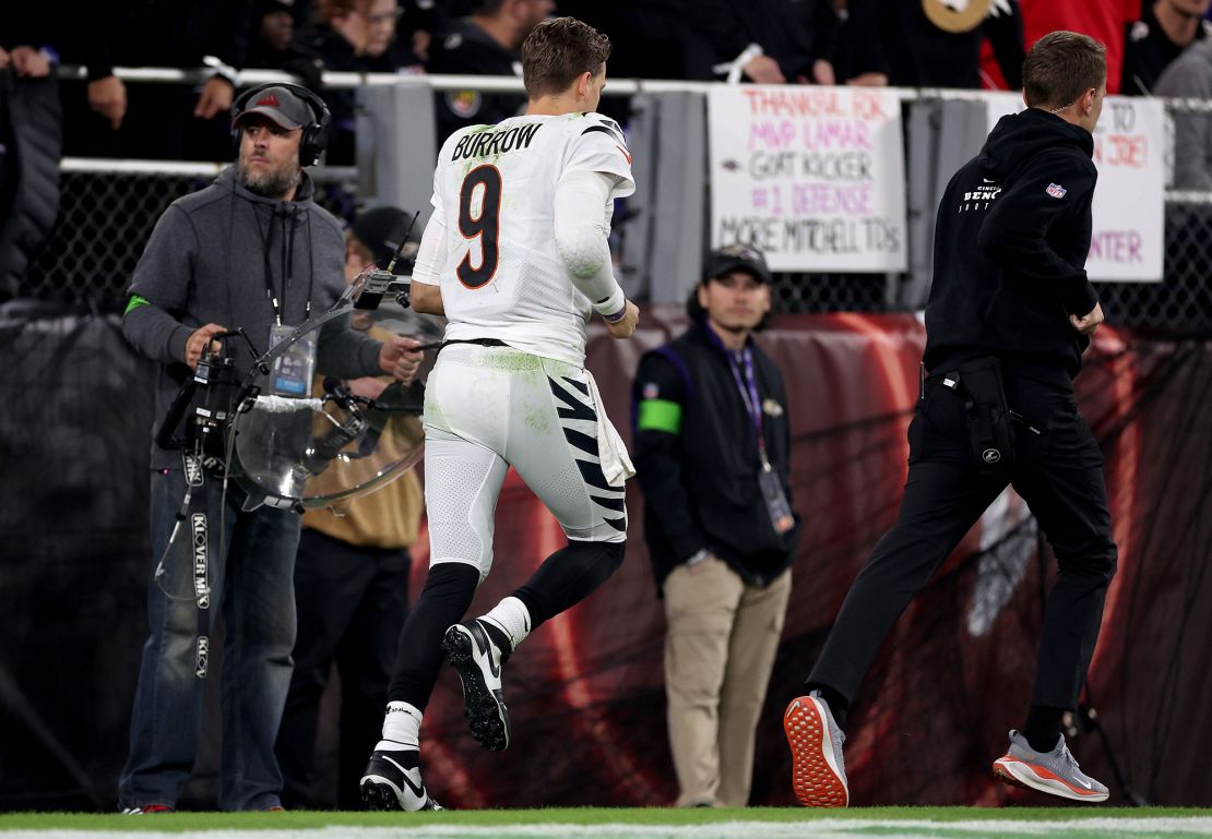 BALTIMORE, MARYLAND - NOVEMBER 16: Joe Burrow #9 of the Cincinnati Bengals heads to the locker room after a play against the Baltimore Ravens during the second quarter of the game at M&T Bank Stadium on November 16, 2023 in Baltimore, Maryland. (Photo by Rob Carr/Getty Images)