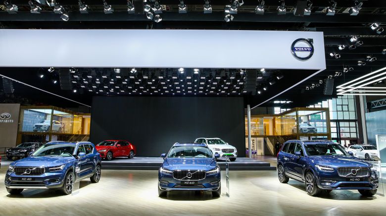 Cars are seen at the Volvo booth at the Shanghai Auto Show in Shanghai, China in April 2021.