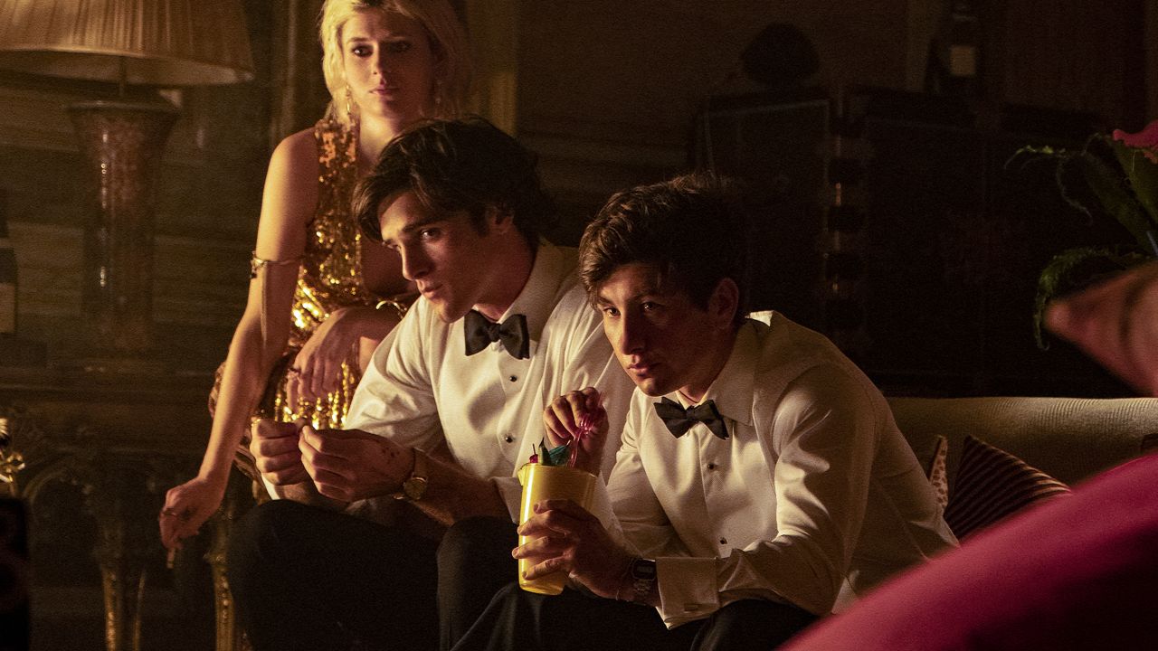 Alison Oliver as Venetia Catton, Jacob Elordi as her brother Felix, and Barry Keoghan as Oliver Quick in "Saltburn."