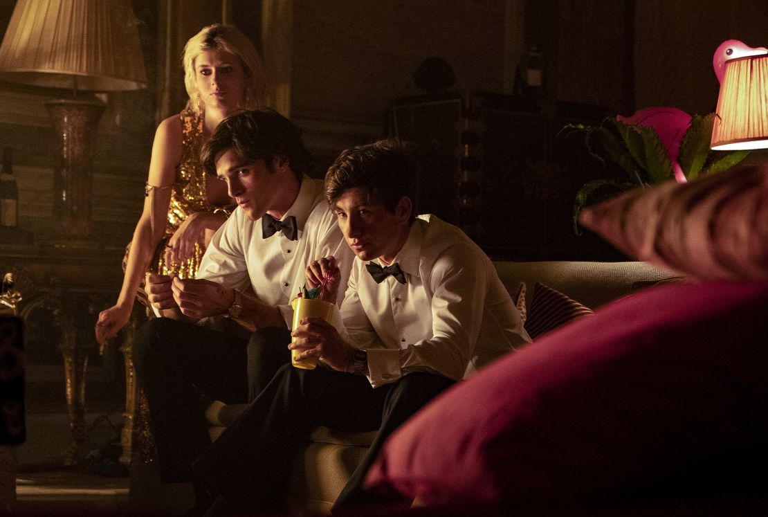 Alison Oliver as Venetia Catton, Jacob Elordi as her brother Felix, and Barry Keoghan as Oliver Quick in "Saltburn."