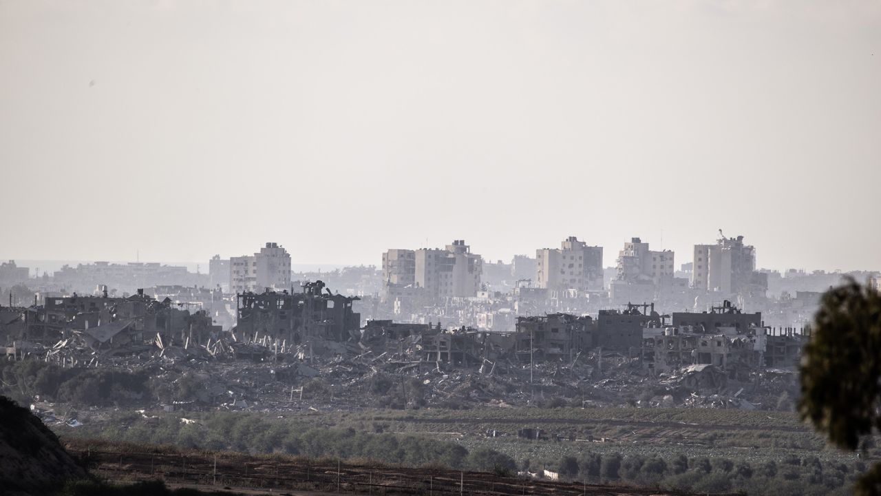 SDEROT, ISRAEL - NOVEMBER 16: A view of damaged buildings in Gaza which is seen from the Sderot city as the Israeli airstrikes continue in Sderot, Israel on November 16, 2023. (Photo by Mostafa Alkharouf/Anadolu via Getty Images)