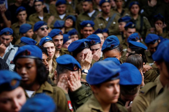 Israeli military members react during the funeral of Israeli soldier Avraham Fetena in Haifa, Israel, on November 17.