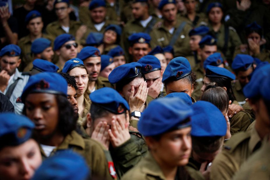 Israeli military members react during the funeral of Israeli soldier Avraham Fetena in Haifa, Israel, on November 17.