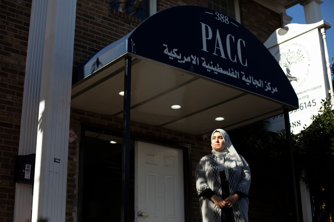 Rania Mustafa, Executive Director at the Palestinian American Community Center in Clifton, New Jersey, stands outside PACC for a portrait on November 15.