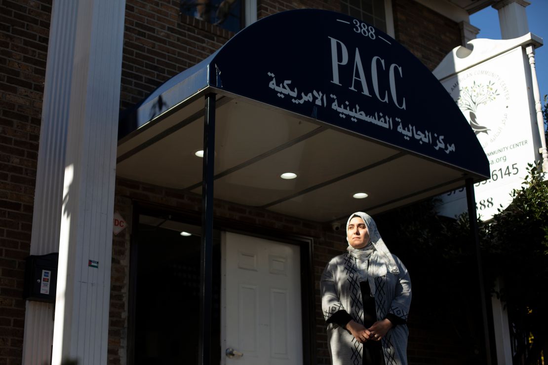 Rania Mustafa, Executive Director at the Palestinian American Community Center in Clifton, New Jersey, stands outside PACC for a portrait on November 15.