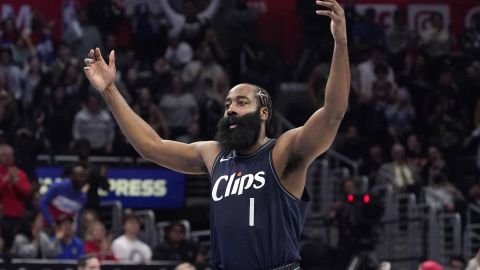 Los Angeles Clippers guard James Harden celebrates after scoring during the second half of an NBA basketball In-Season Tournament game against the Houston Rockets Friday, Nov. 17, 2023, in Los Angeles. (AP Photo/Mark J. Terrill)