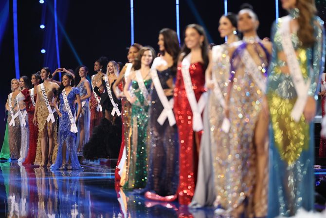 Contestants on stage during the evening gown portion of the 2023 Miss Universe pageant's preliminary competition.