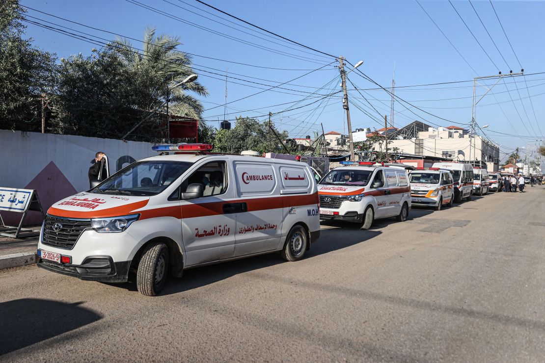 DEIR AL BALAH, GAZA - NOVEMBER 17: Injured children get in an ambulance to be transferred from Al-Aqsa Hospital to Egypt for medical treatment through Rafah Border Crossing in Deir al Balah, Gaza on November 17, 2023. (Photo by Mustafa Hassona/Anadolu via Getty Images)