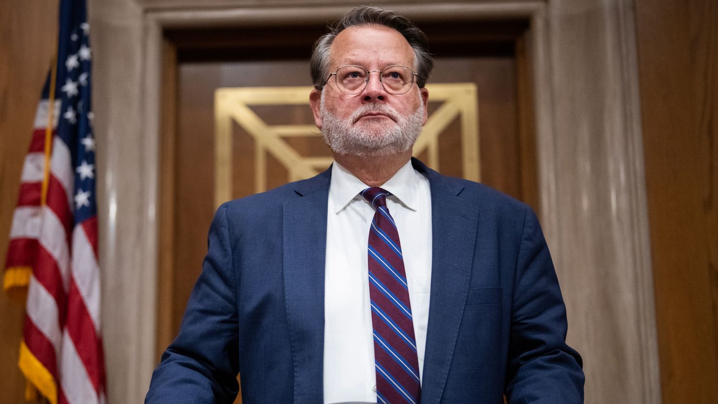 Chairman Gary Peters, D-Mich., arrives for the Senate Homeland Security and Governmental Affairs Committee hearing titled "The Philosophy of AI: Learning From History, Shaping Our Future," on Wednesday, November 08, 2023.