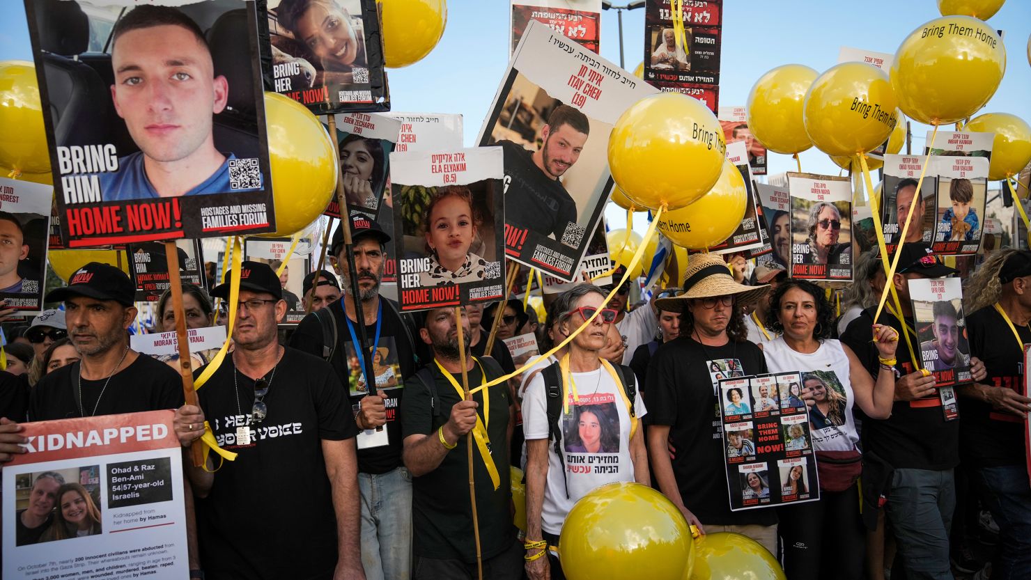 Family and supporters of the estimated 240 hostages held by Hamas in Gaza complete the final leg of a five-day solidarity rally calling for their return, from Tel Aviv to the Prime Minister's office in Jerusalem, Saturday, Nov. 18, 2023. The hostages, mostly Israeli citizens, were abducted during the brutal Oct. 7 Hamas cross-border attack in Israel and have been held in the enclave since as war rages.