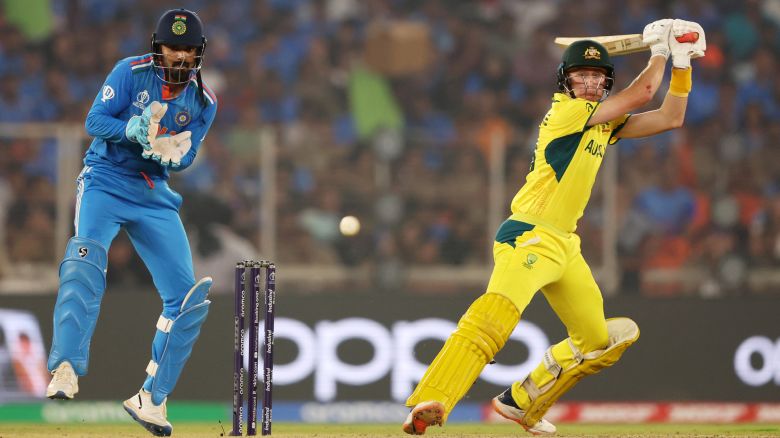 AHMEDABAD, INDIA - NOVEMBER 19: Marnus Labuschagne of Australia plays a shot as KL Rahul of India keeps during the ICC Men's Cricket World Cup India 2023 Final between India and Australia at Narendra Modi Stadium on November 19, 2023 in Ahmedabad, India. (Photo by Robert Cianflone/Getty Images)