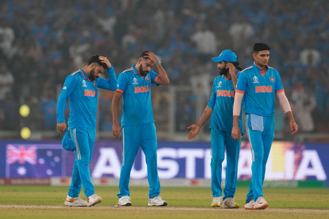 Indian players react after they lost to Australia by 6 wickets during the ICC Men's Cricket World Cup final match in Ahmedabad, India, Sunday, Nov.19, 2023. (AP Photo/Aijaz Rahi)