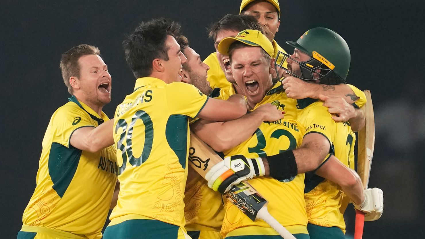 Australia players celebrate after winning the ICC Men's Cricket World Cup final match against India in Ahmedabad, India, Sunday, Nov. 19, 2023. (AP Photo/Rafiq Maqbool)