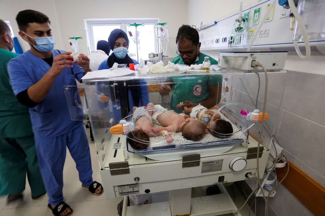 Premature babies which were evacuated from an incubator in Al Shifa Hospital in Gaza City receive treatment at an hospital in Rafah, in the southern Gaza Strip, November 19, 2023.