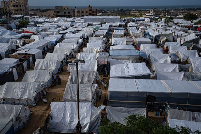 A UN-provided tent camp for Palestinians displaced by the Israeli bombardment of the Gaza in Khan Younis, Gaza, on November 19.