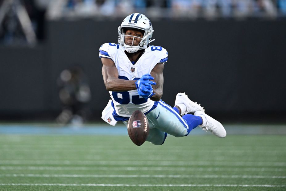 Dallas Cowboys wide receiver Jalen Brooks fails to make a catch during the Cowboys' 33-10 win over the Carolina Panthers.
