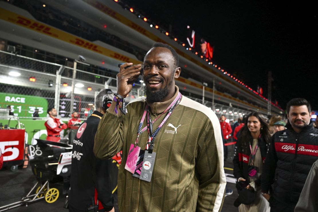 Jamaican runner Usain Bolt tours the grid before the start of the Las Vegas Formula One Grand Prix on November 18, 2023, in Las Vegas, Nevada. (Photo by ANGELA WEISS / AFP) (Photo by ANGELA WEISS/AFP via Getty Images)