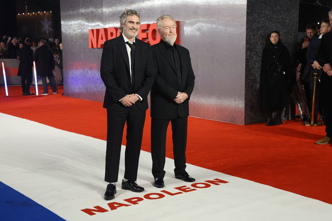 Joaquin Phoenix and Ridley Scott attend the "Napoleon" UK Premiere at Odeon Luxe Leicester Square on November 16, in London, England.