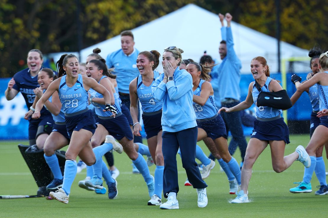 CHAPEL HILL, NORTH CAROLINA - NOVEMBER 19: Head Coach Erin Matson of the North Carolina Tar Heels can't look after defeating the Northwestern Wildcats for the national title during the Division I Women's Field Hockey Championship held at Karen Shelton Stadium on November 19, 2023 in Chapel Hill, North Carolina. (Photo by Jamie Schwaberow/NCAA Photos via Getty Images)