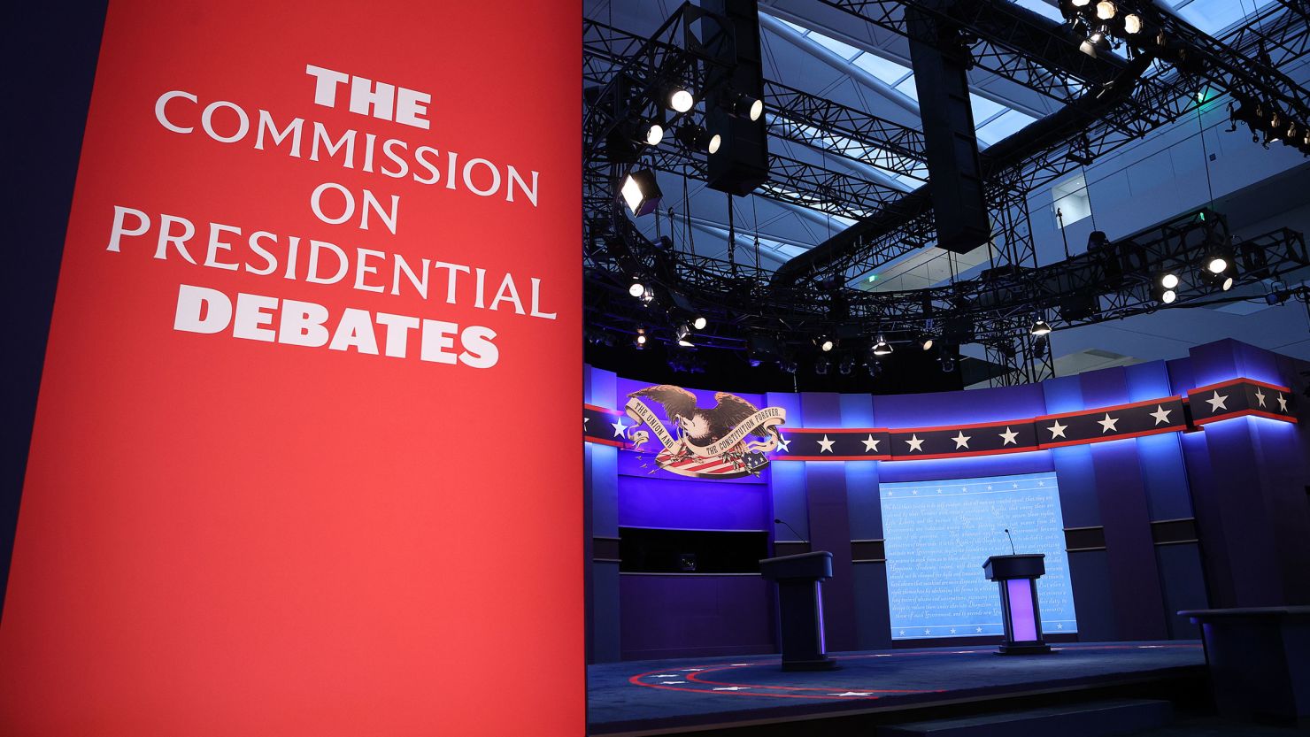 In this September 2020 file photo, the debate stage is set for then-President Donald Trump and then-Democratic presidential nominee Joe Biden to participate in the first presidential debate at the Health Education Campus of Case Western Reserve University in Cleveland, Ohio.
