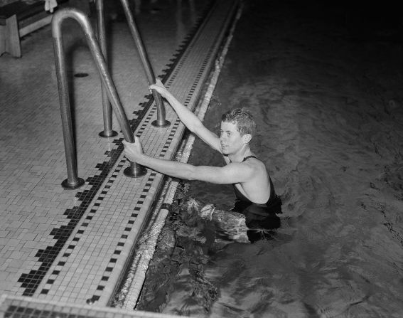 Kennedy attends swimming practice at Harvard University in March 1938. He graduated from Harvard in 1940.