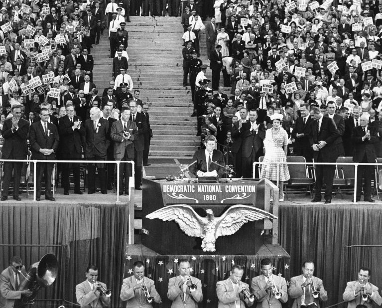 Kennedy formally accepts the Democratic Party's nomination for president at the Democratic National Convention in July 1960.