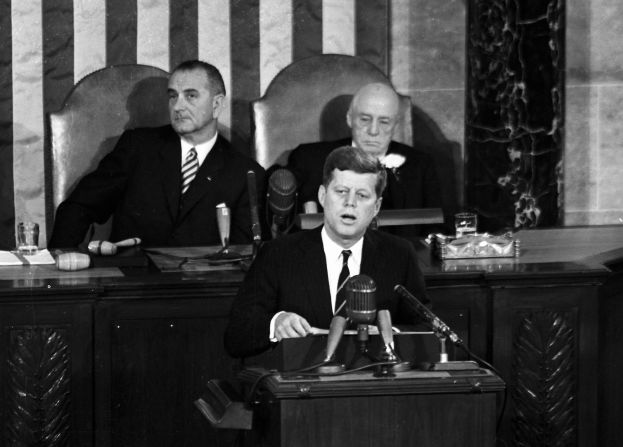 Kennedy outlines his vision for putting a man on the moon in a speech to a joint session of Congress in May 1961. Congress was strongly supportive and approved a major increase in NASA's funding. 