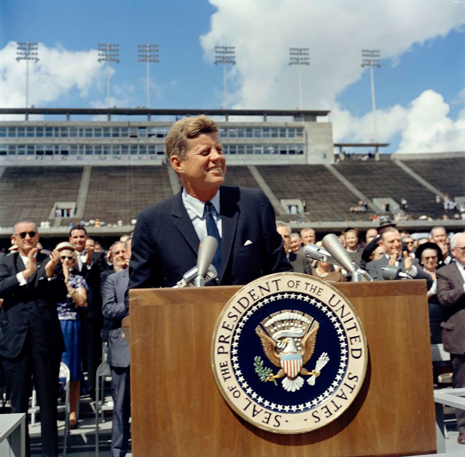 Kennedy delivers remarks at Rice University in Houston in September 1962. Talking about the nation's efforts in space exploration, Kennedy famously said, "We choose to go to the moon in this decade and do the other things, not because they are easy, but because they are hard."