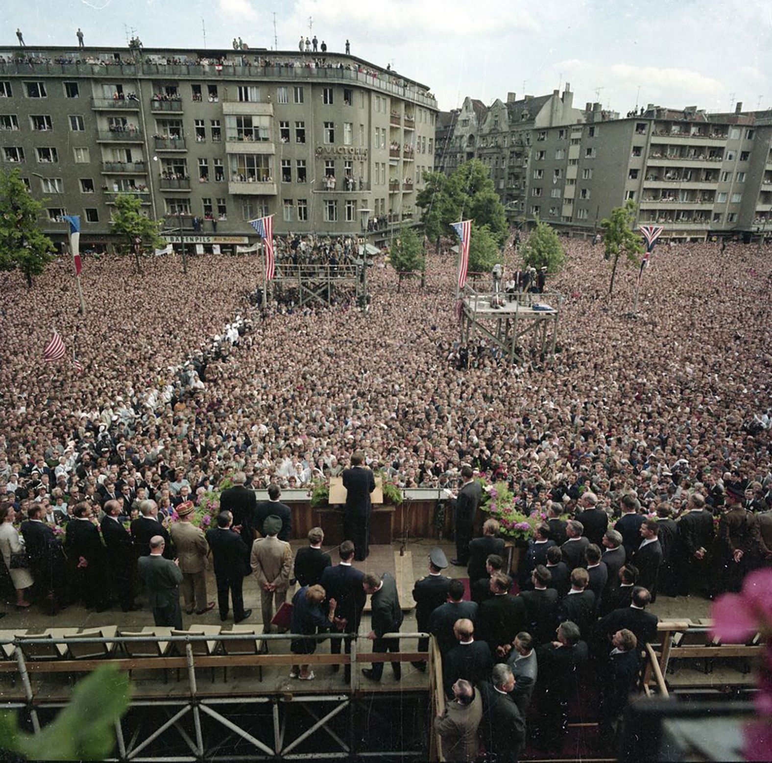 Kennedy delivers remarks to a crowd in West Berlin, West Germany, in June 1963. He spoke about his hopes for the reunification of Germany. "All free men, wherever they may live, are citizens of Berlin," he said. "And therefore, as a free man, I take pride in the words 'Ich bin ein Berliner.'"