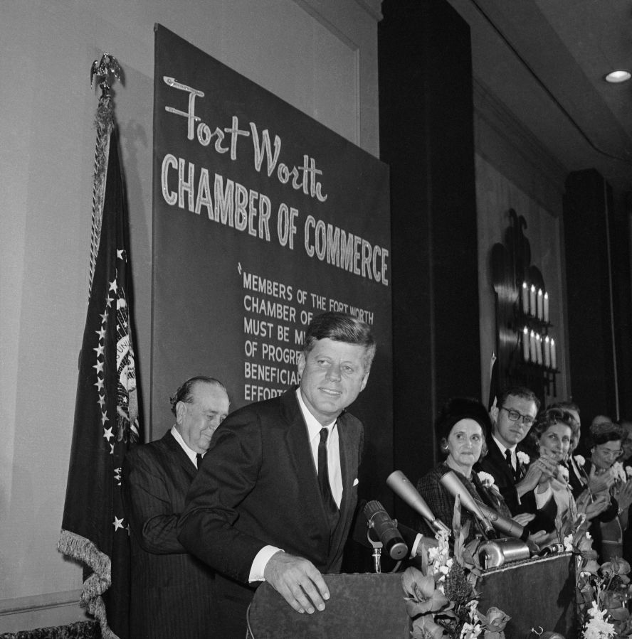 Kennedy speaks before a breakfast that was hosted by the Chamber of Commerce in Fort Worth, Texas, on November 22, 1963. He was assassinated later that day in Dallas. 