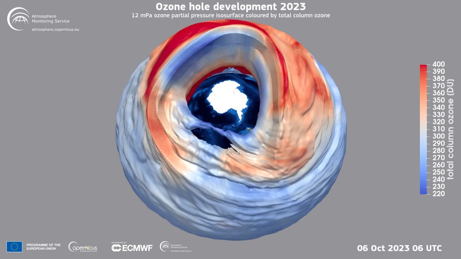A simulated image of the ozone hole in October.
