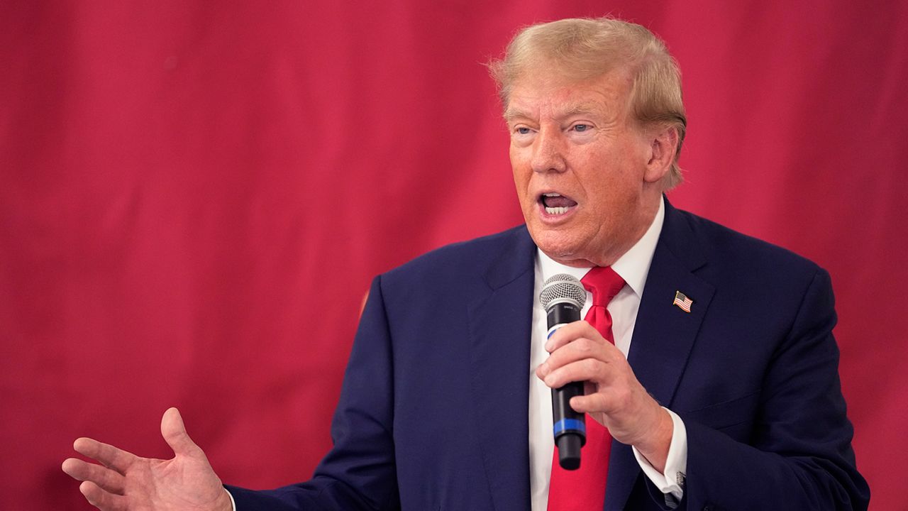 Republican presidential candidate and former President Donald Trump speaks to Texas state troopers and guardsmen at the South Texas International Airport, Sunday, November 19, 2023, in Edinburg, Texas.