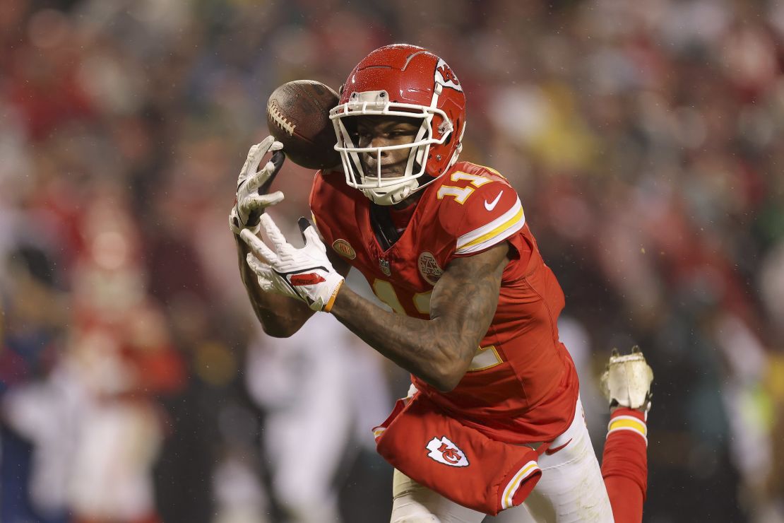 KANSAS CITY, MISSOURI - NOVEMBER 20: Marquez Valdes-Scantling #11 of the Kansas City Chiefs drops a pass late in the fourth quarter against the Philadelphia Eagles at GEHA Field at Arrowhead Stadium on November 20, 2023 in Kansas City, Missouri. (Photo by Jamie Squire/Getty Images)