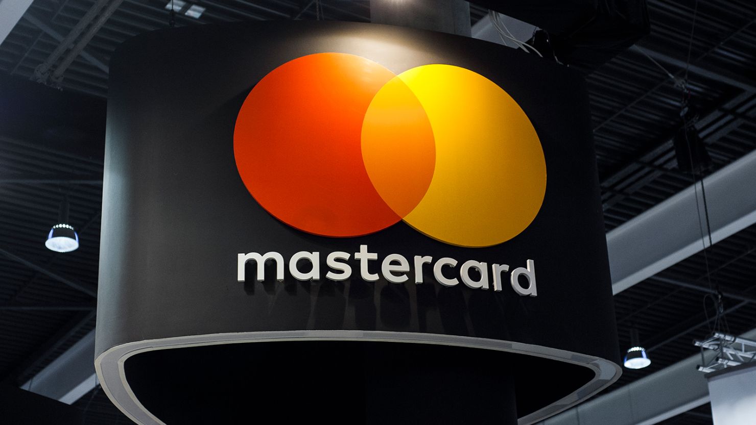 A view of the MasterCard company logo on their stand during the Mobile World Congress on March 1, 2017 in Barcelona, Spain.