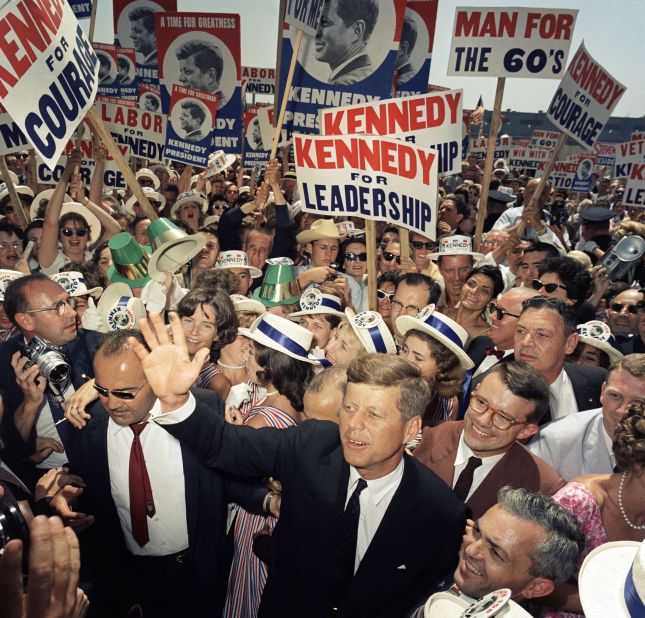 Kennedy makes his way through a crowd of supporters in Los Angeles, shortly before the Democratic National Convention in July 1960. He was running for president at the time.