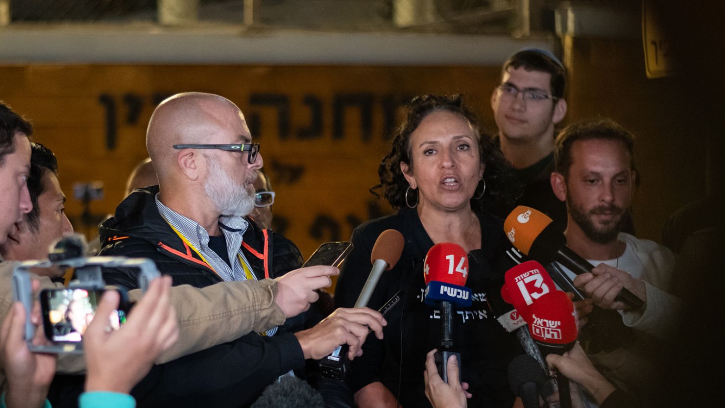 Families of hostages speak to media ahead a meeting with Prime Minister Benjamin Netanyahu and the war cabinet at the Kirya on November 20, 2023 in Tel Aviv, Israel.