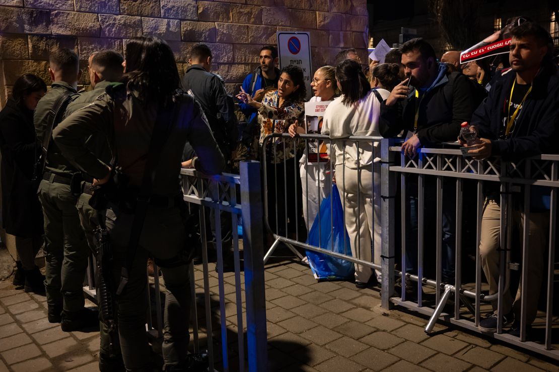 Relative of hostages argue with Israeli security forces asking to enter into a meeting with Prime Minister Benjamin Netanyahu and the war cabinet after being told the auditorium was too small, at the Kirya in Tel Aviv, Israel on November 20, 2023.