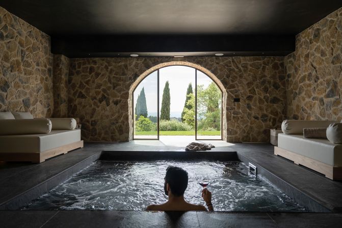 <strong>Relaxation on site: </strong> A former barn was transformed into a private spa with a 10-person whirlpool, lounging beds, dry sauna and Turkish steam bath.