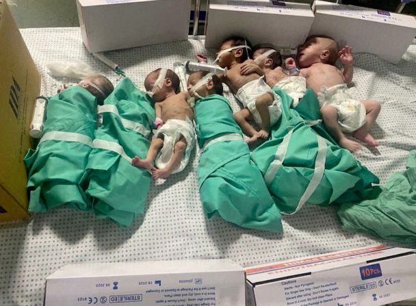 Newborns are placed in a bed after being taken off incubators in Gaza's Al-Shifa hospital after power outage in Gaza City on Sunday, November 12. 