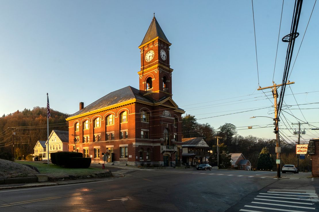 Town Hall catches the early morning sunlight, Thursday, November 16, 2023, in Hinsdale, N.H. The small town in southwestern New Hampshire received a gift of $3.8 million from the estate of Geoffrey Holt, a longtime trailer park resident.
